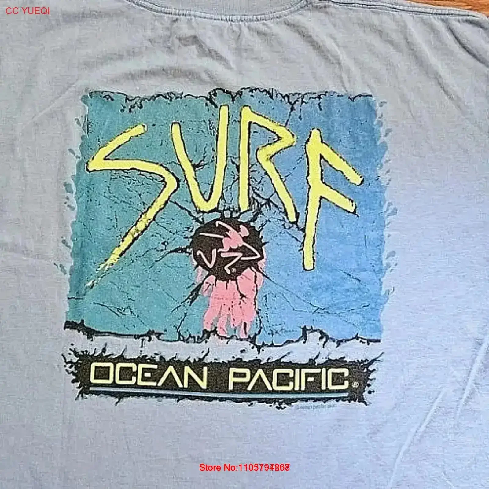 Фото Винтажная футболка 90-х годов Ocean Pacific Surf Skate, мужская футболка XL, синяя, потертая, повседневная, дышащая, растянутая, уличная, с графикой, винтажная №1