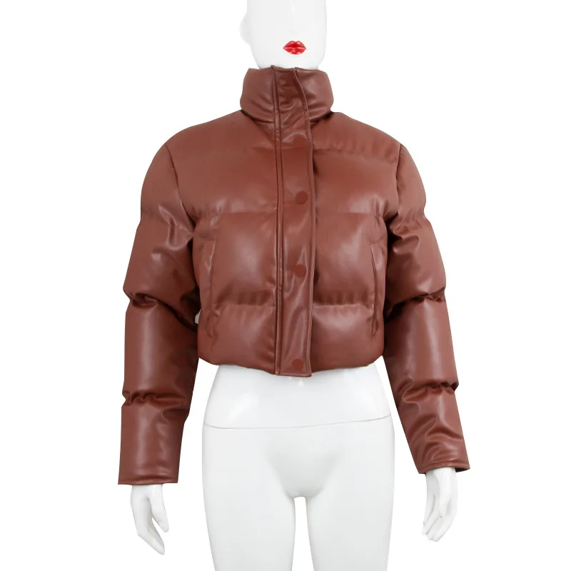 2021 Winter New Women PU Leather Cotton Coat Zipper Stand Collar Short Coat Cotton-padded Jacket Brown Streetwear Casual Ladies