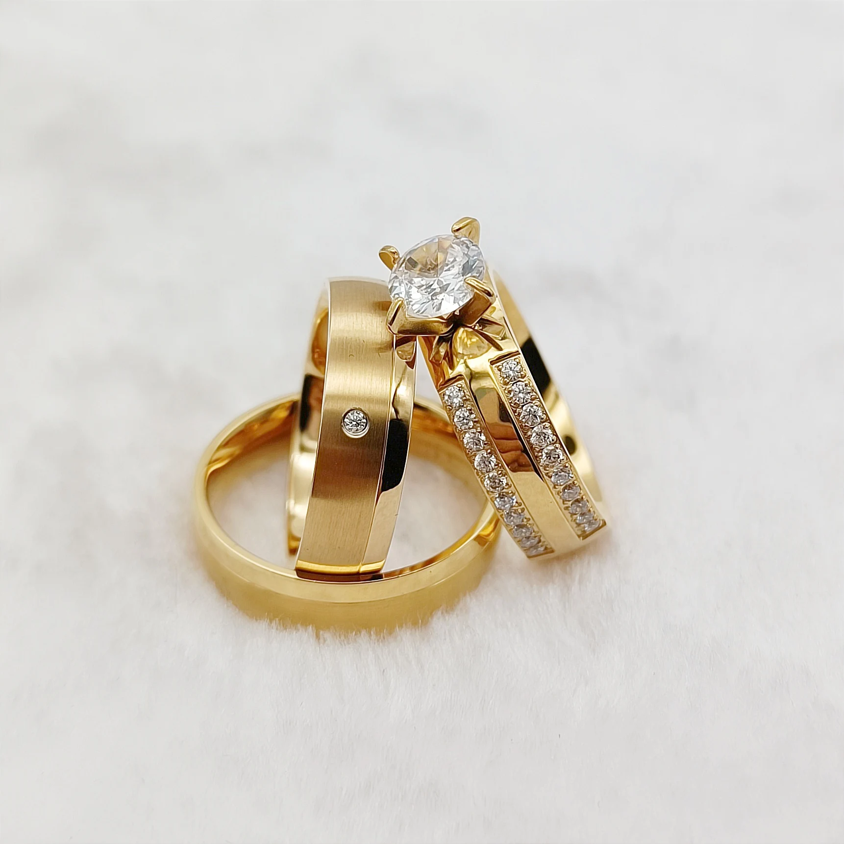 

3PCS Bridal Promise Wedding Engagement Rings Sets for Couples Simple 24k Gold Plated Jewelry Ring Comfort Fit