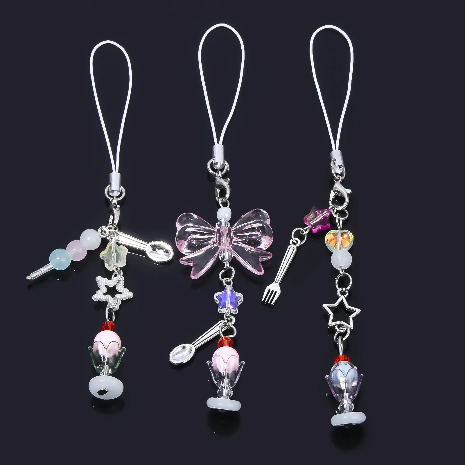 Готический Y2K Подвеска для телефона Розовый Серебряный Лук Сердце Звезда Брелок