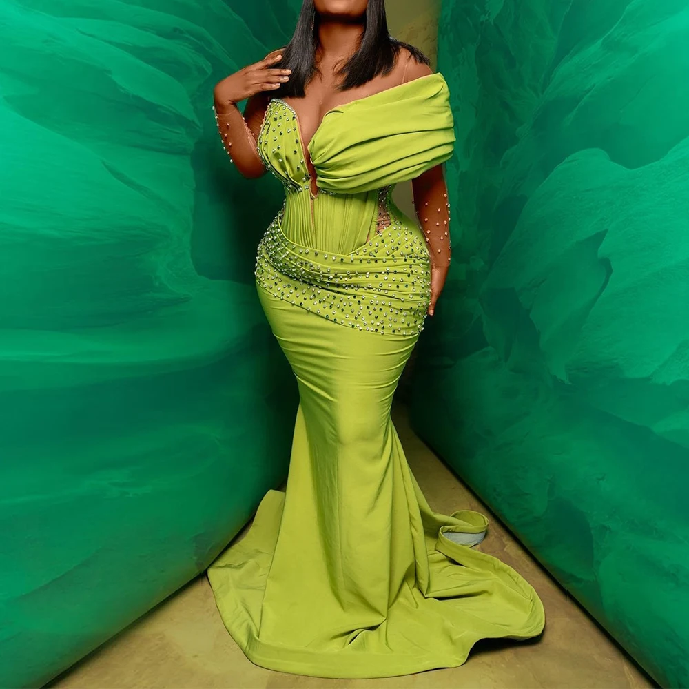 

Vintage Mermaid Dress Long Sleeve Prom Gown Sexy Big Size V Neck Court Train Evening Party Dress فساتين السهرة 2023 جديده