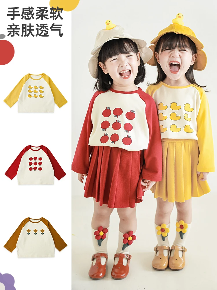 

Children's Autumn Long-Sleeved Bottoming Shirt Cartoon Stitching Contrast Color Girls Loose Raglan Sleeve T-Shirt