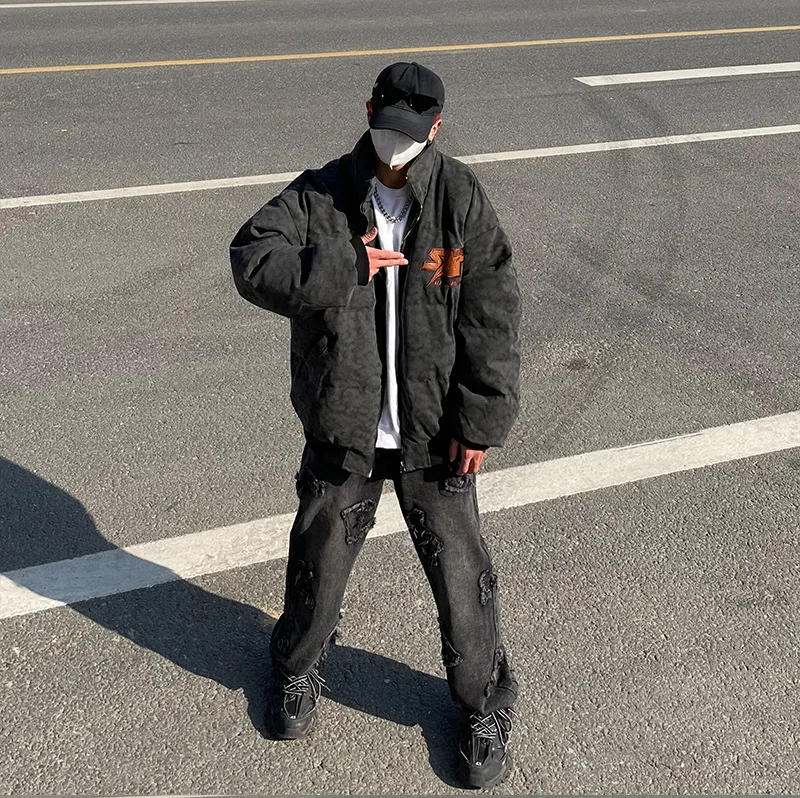 American-style Streetwear Men Parkas Washed Old Letter Embroidery Thickened Warm Down Jacket for Men and Women Couple Outfits