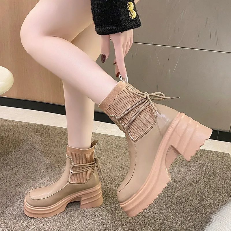 2023 Women Ankle Boots Chelsea Plush Warm Soft Sole Ladies Round Chunky Lace Up Winter Female Platform Shoes 35-39