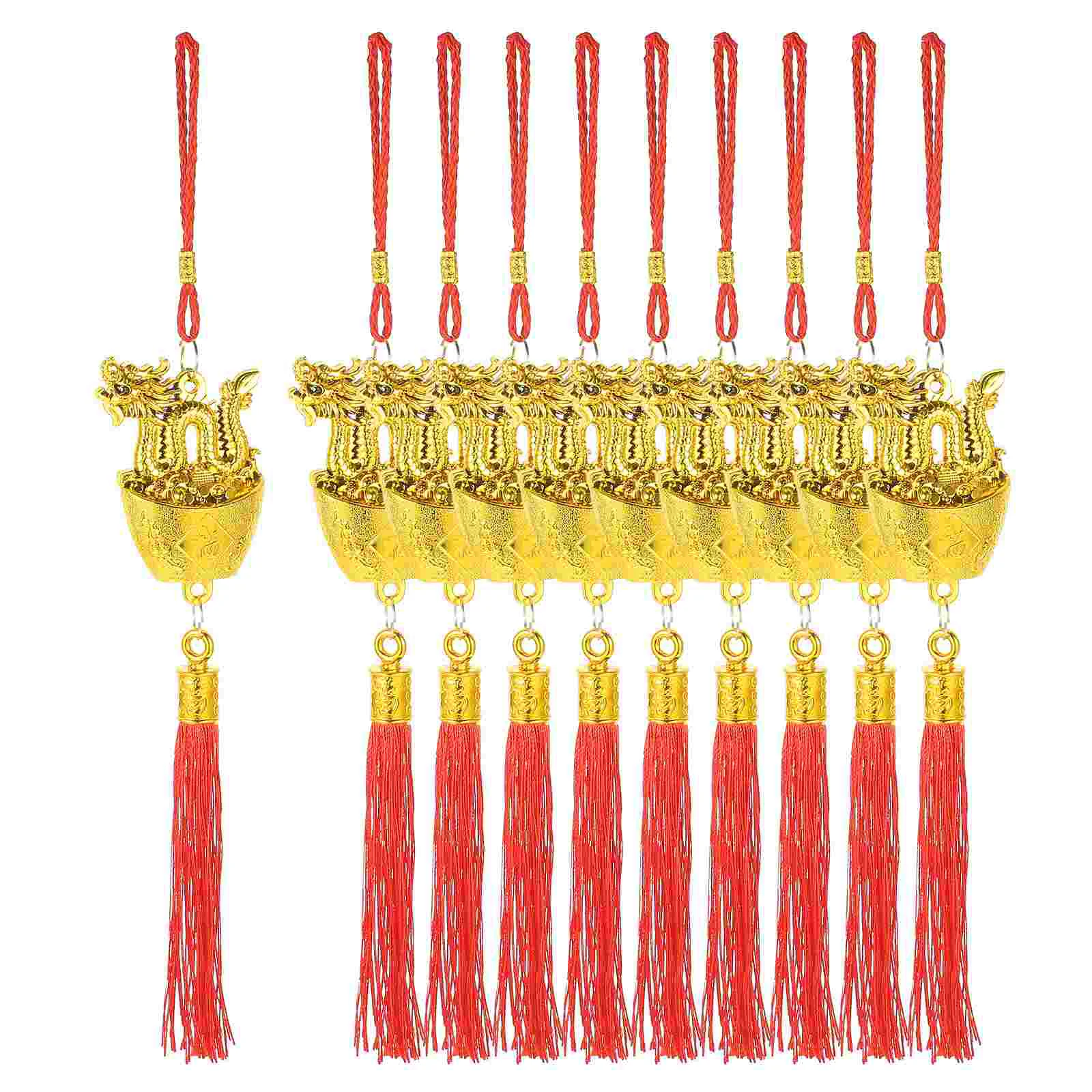 

10pcs Chinese Dragon And Ingot Ornament With Tassel Chinese New Year Hanging Ornament For Home Bonsai