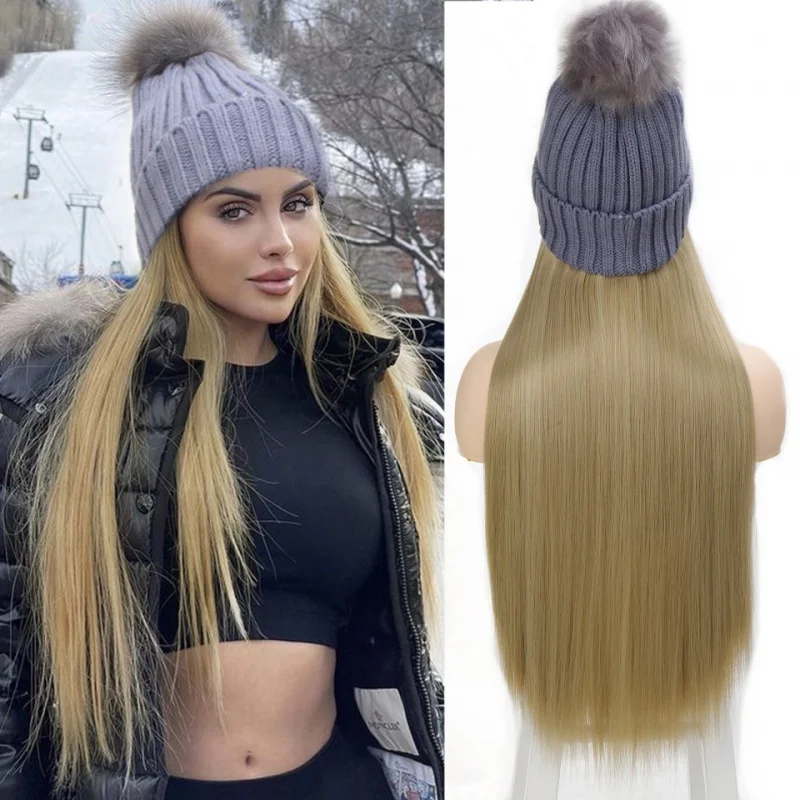 

HOUYAN Knitted autumn and winter warm hat without hood wig long straight hair female golden black wig hat synthetic wig wig exte