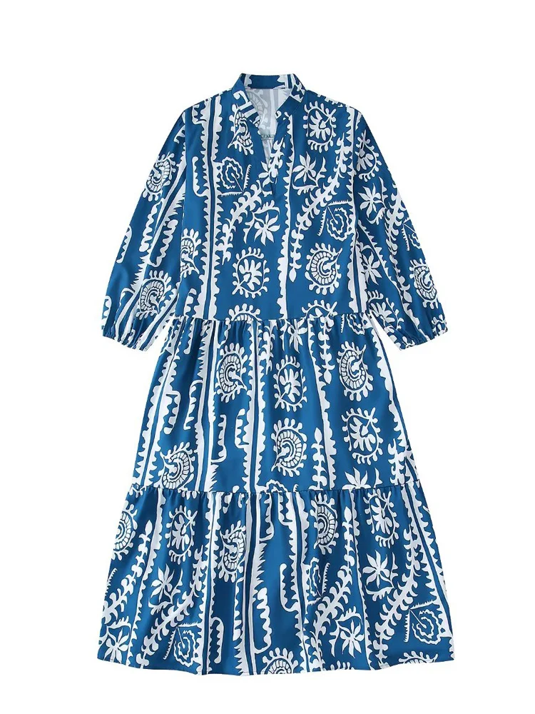

Women Vintage Floral Print Pleats Patchwork Loose Midi Dress Female Chic Casual Overside Swing Kimono Vestidos