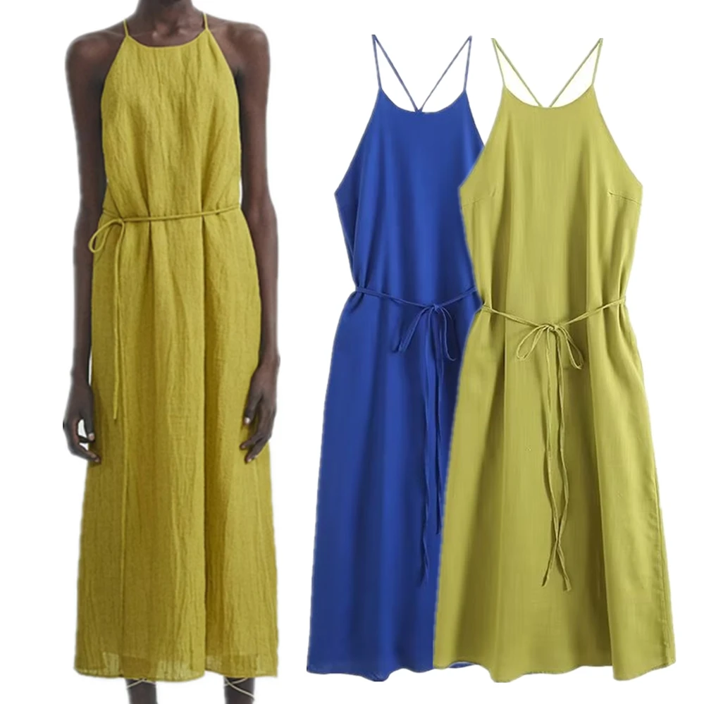 

Maxdutti 2023 French Moroccan Retro Cotton Linen Simple Midi Dress Women Sleeveless Dress Summer Holiday Wind