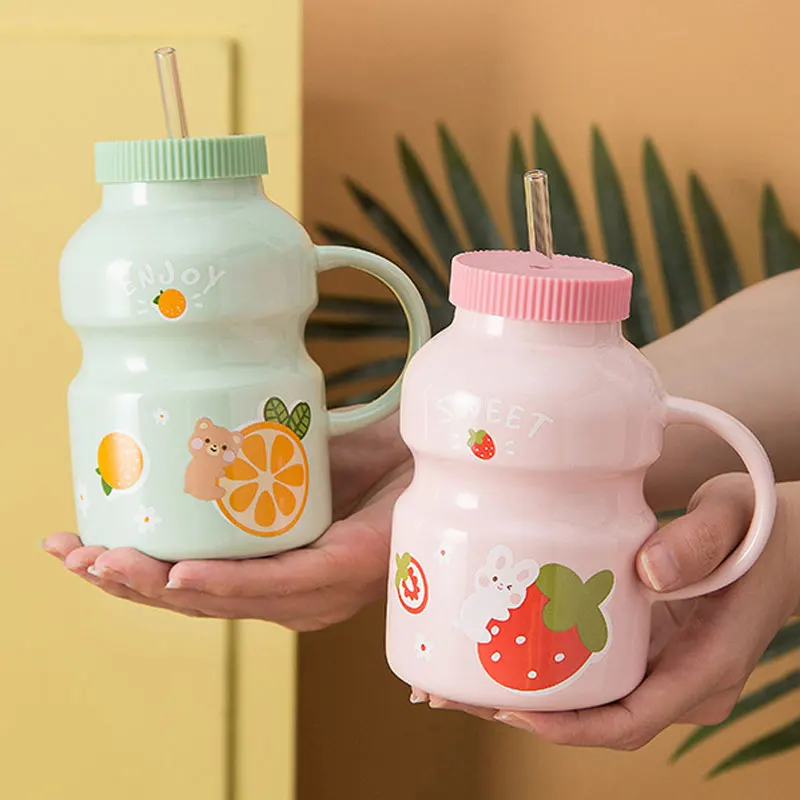 Креативная Милая керамическая кружка с крышкой и соломинкой Мультяшные кружки