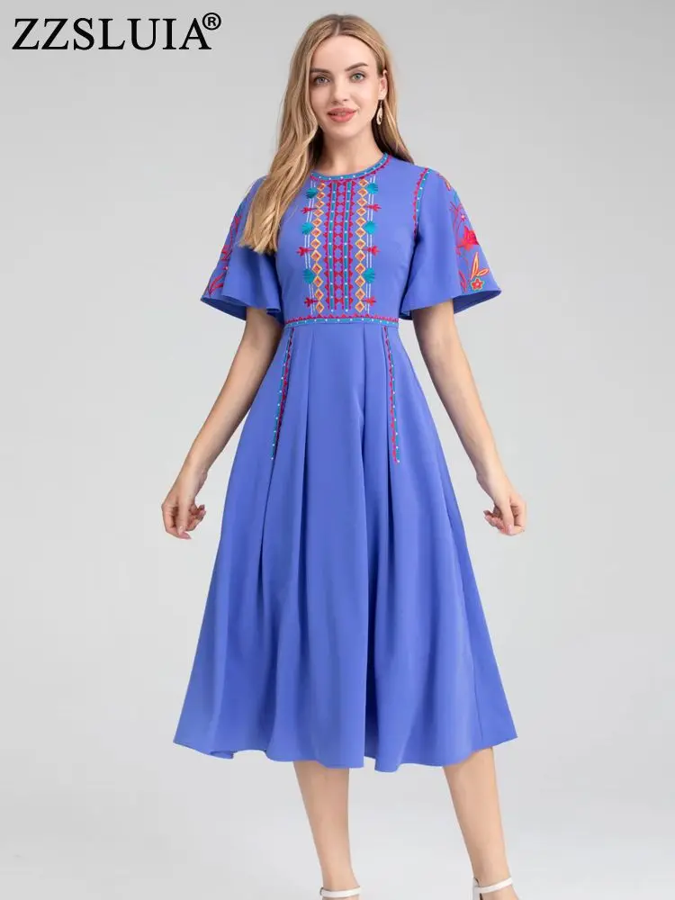 

ZZSLUIA Vintage Dresses For Women Embroidery Patchwork Designer Slim Midi Dress Fashion Flare Sleeve Elegant Dress Female Cloth