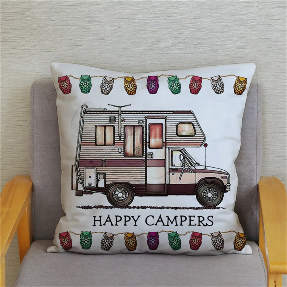 

Модный чехол для подушки Happy Campers, наволочки для подушек с автомобильным принтом, наволочки для подростков, наволочки для кемпинга, наволочк...