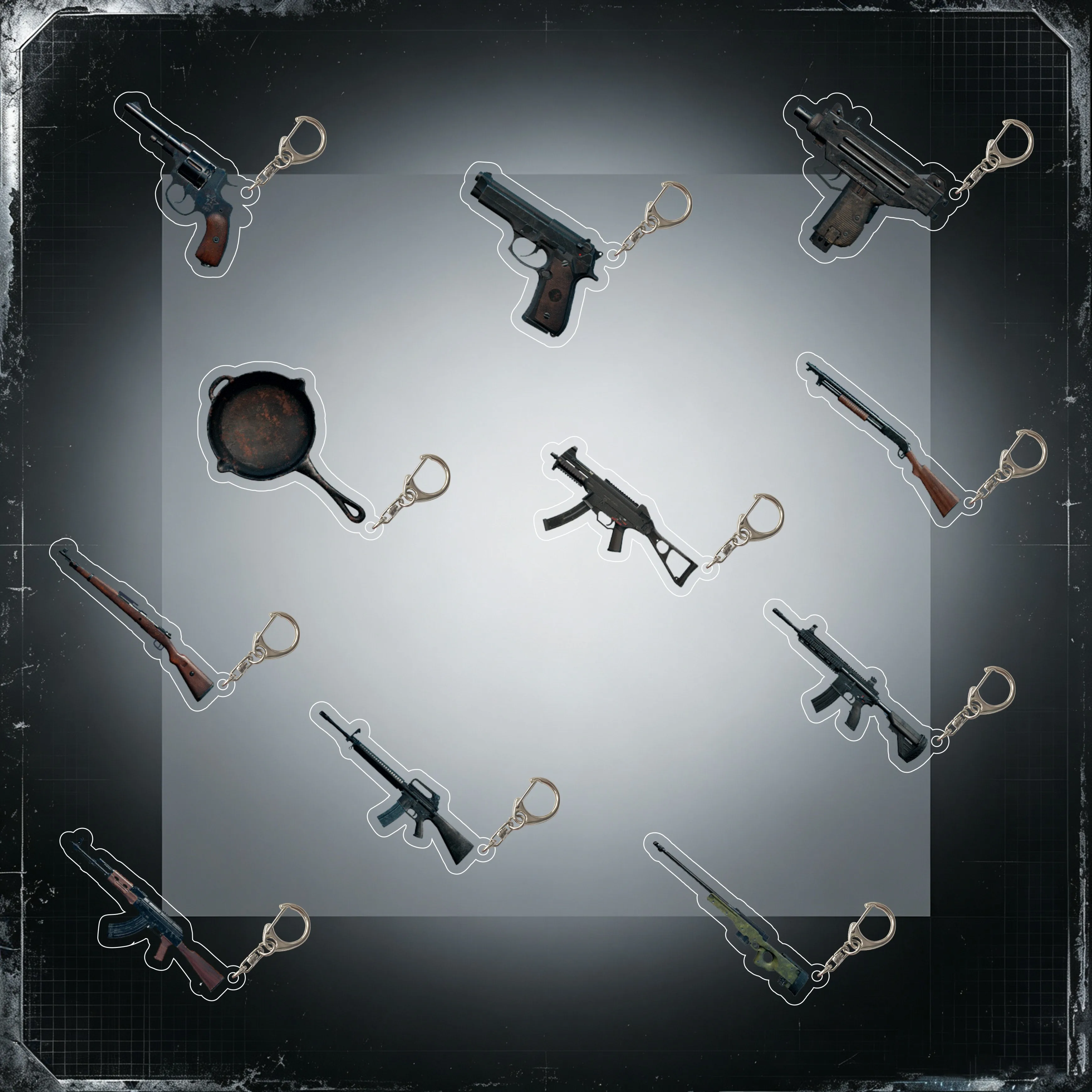 Фото Брелок из акрила с элементами игры PUBG: модели UMP45, AWM, AKM, M416, Kar98K, сковорода. Подвеска для сумки. Коллекционный подарок для фанатов игры. №1