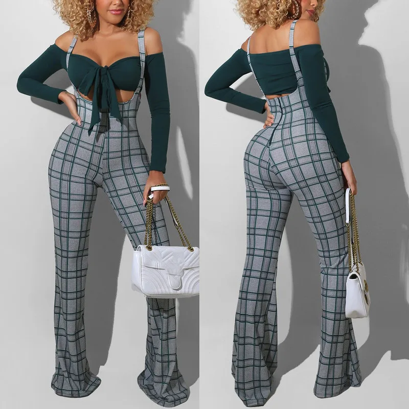 Horn Mopping Jumpsuit Women's High Waist Printed Plaid Overalls Party Club Sexy Waist Wide Leg Suspender Trousers 2022 New