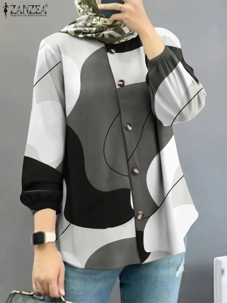 

Осенняя блузка ZANZEA с длинным рукавом и принтом, Женская абайя, мусульманская рубашка, Повседневная мусульманская одежда, ИД Мубарек, Рамадан Топы