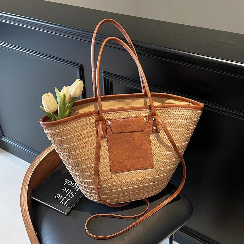 Большая вместительная тканая сумка-тоут для отдыха на море женская модная