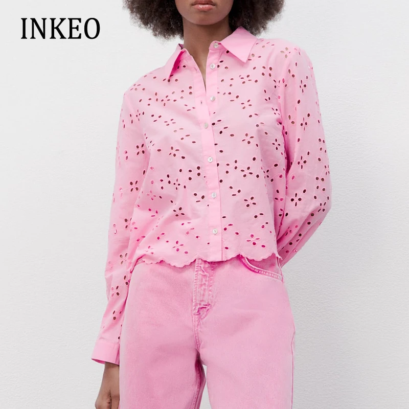 

Luxury Sexy Women Lace blouse Pink White 2022 Spring Summer Fashion Turn down collar Long sleeve shirt Female Clothes Chic 2T064