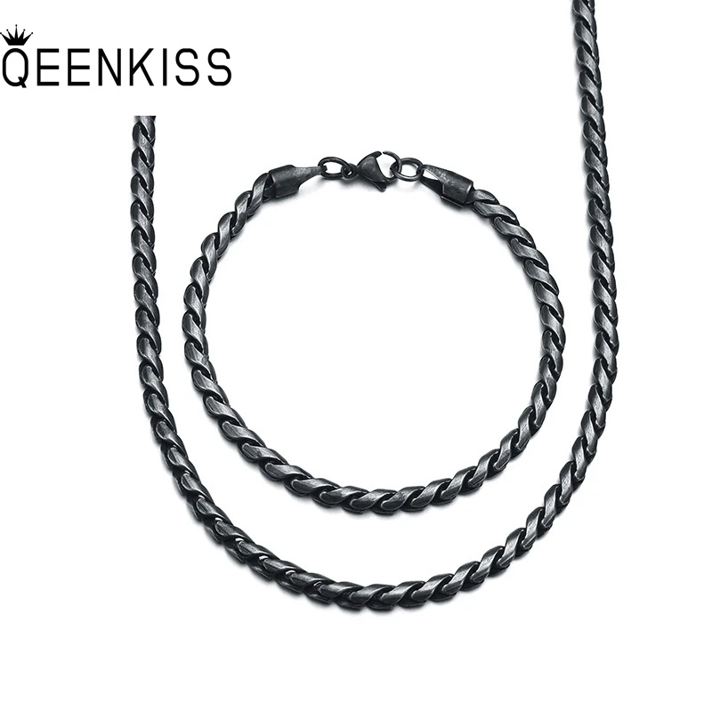 

QEENKISS JS820 Wholesale Man Father Party Birthday Wedding Gift 5mm Chain Titanium Stainless Steel Necklace+Bracelet Jewelry Set