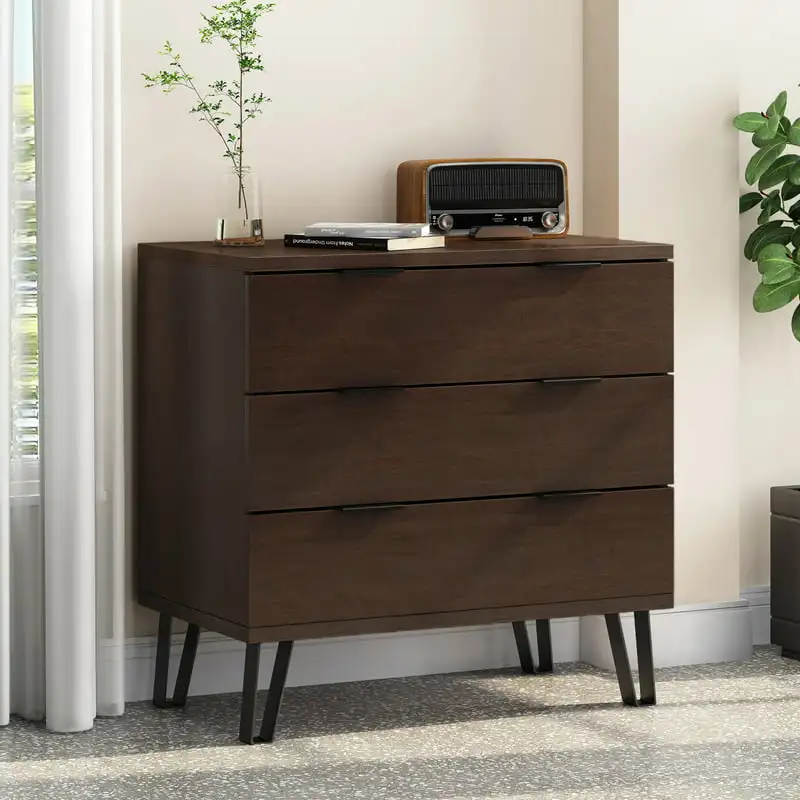 

Faux Wood 3 Drawer Wide Dresser, Walnut and Matte Black