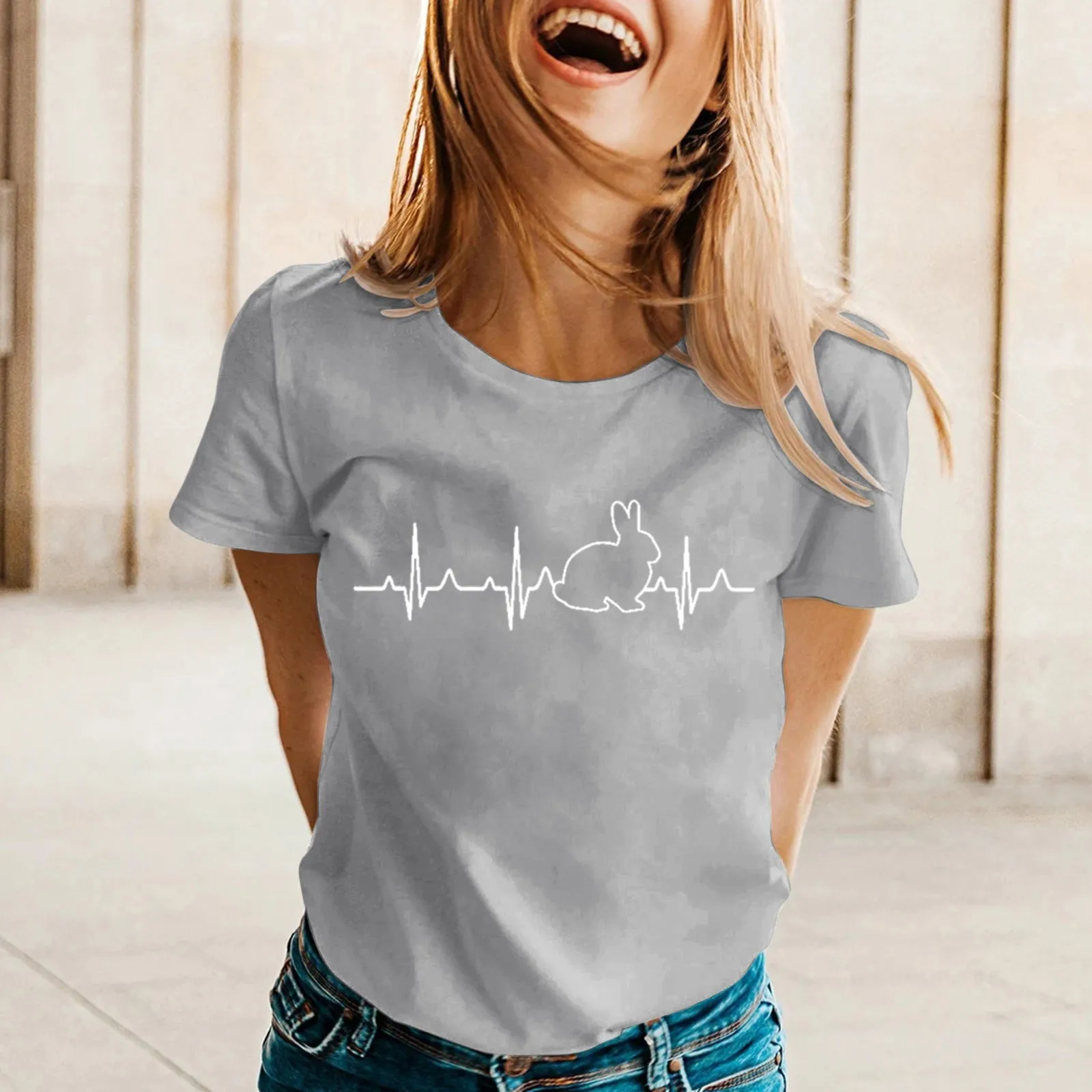 

Womens Spring Summer Rabbit Printed Short Sleeve O Neck T Shirt Top V Neck T Shirts Long Sleeve