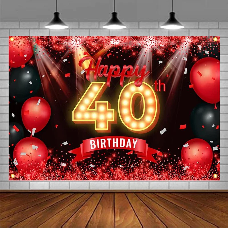 

Happy 40th Birthday Party Banner Photography Backdrop Red And Black Background Bday Decor For Women Men Supplies Glitter Poster