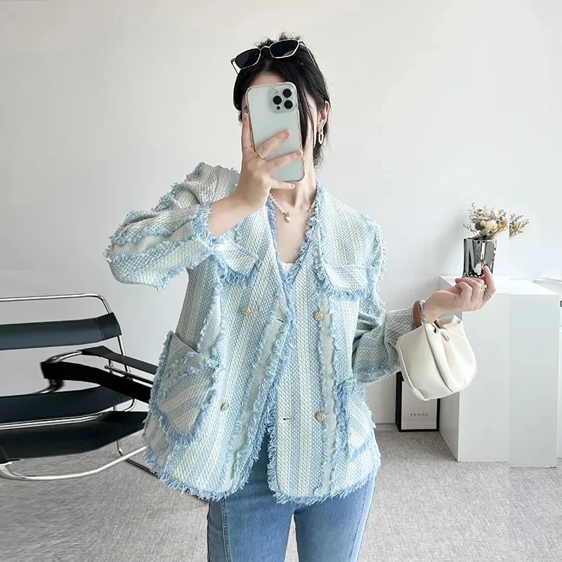 

Women's Fashion Design Striped Fragrant Blazer Ladies 2022 Autumn New V-Neck Double-Breasted Casual Suit Jacket