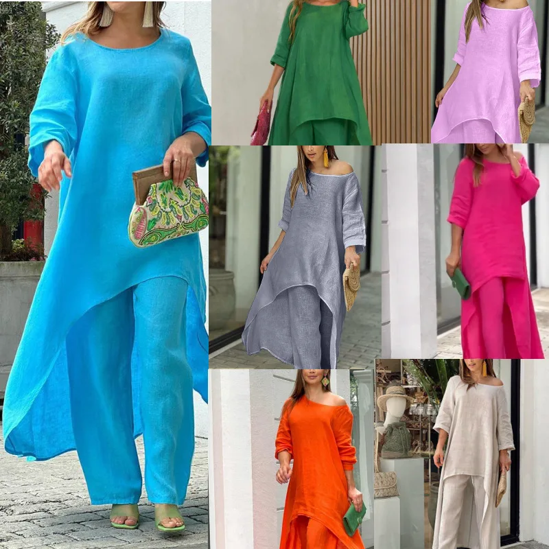

2023 New Women's Cotton Linen Fashion Casual Irregular Long Sleeve Set Two Piece Wide Leg Pants
