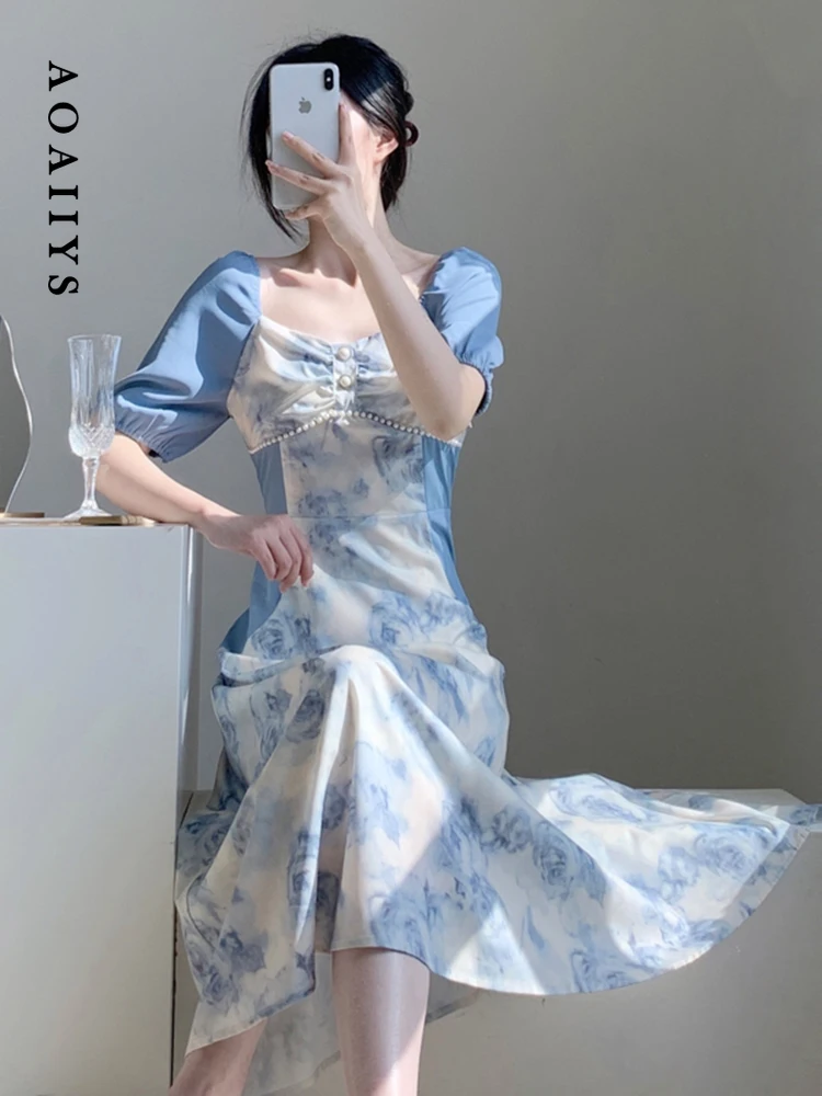 

Blue Dress for Women Dresses 2023 Summer Solid A-Line Spliced Vintage Square Collar High Waisted Clothing Pearl Mid-Calf Dresses