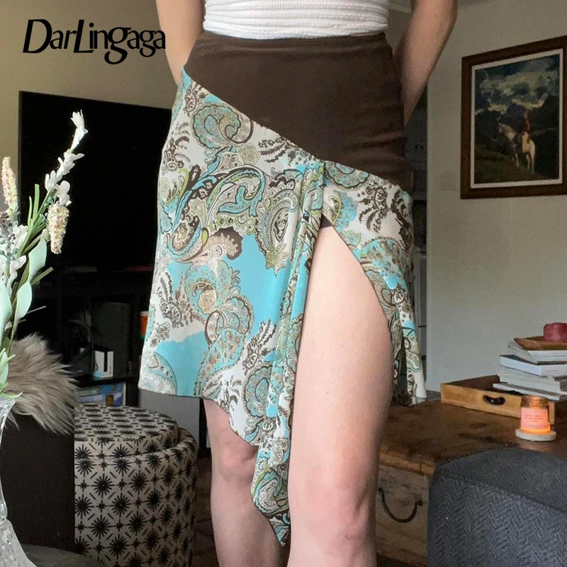 

Darlingaga Fairycore Vintage Paisley Printed Y2K Mini Skirt Women Patchwork Irregular Slit Skirt Summer 90s Aesthetic Grunge New