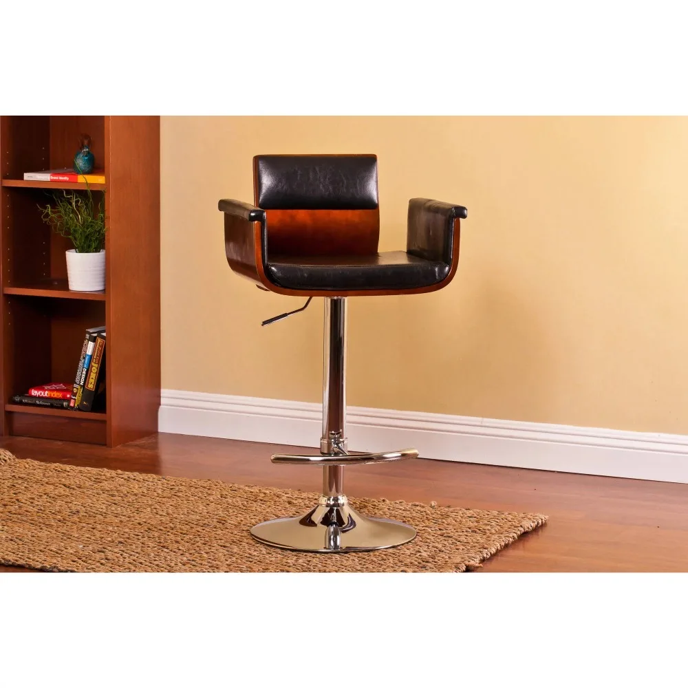 

Modern Padded Wood Adjustable Height Swivel Bar Stool Chair with Cushioned Seat, Armrests and Back, 24"-33", Black/Wood