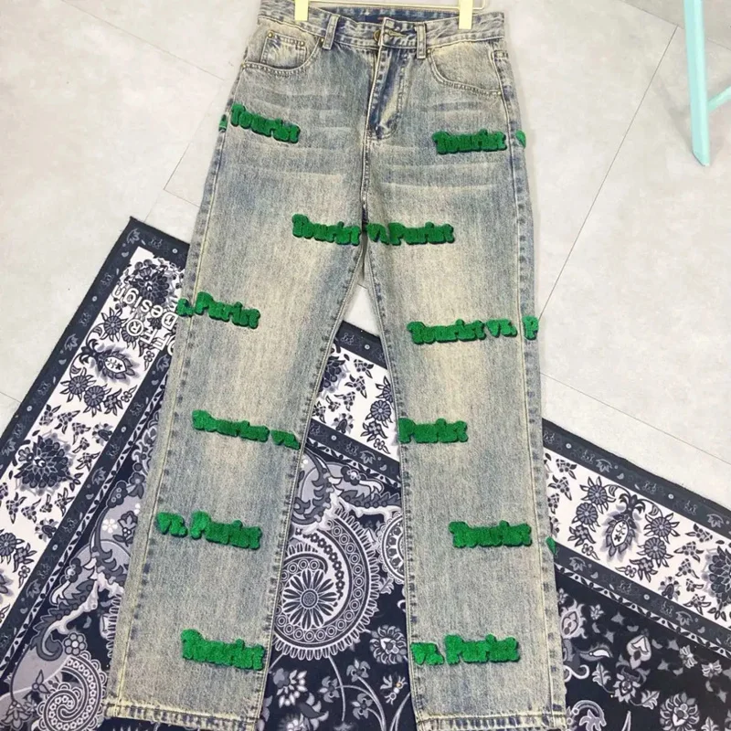 

Letter Embroidered Denim Pants Men Summer Unisex Long Jeans Trousers Casual Streetwear Tuffetage Embroidery Jeans Women Pants