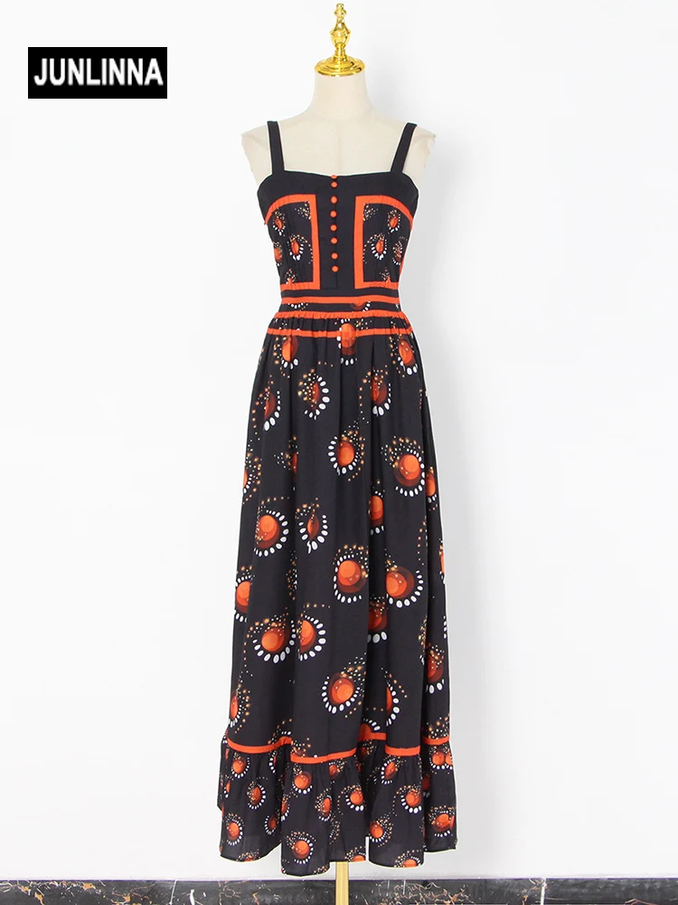 

JUNLINNA Spring Summer Beach Holiday Dress Spaghetti Strap Women Printing Sliming Vestidos Casual Leisure Camisole