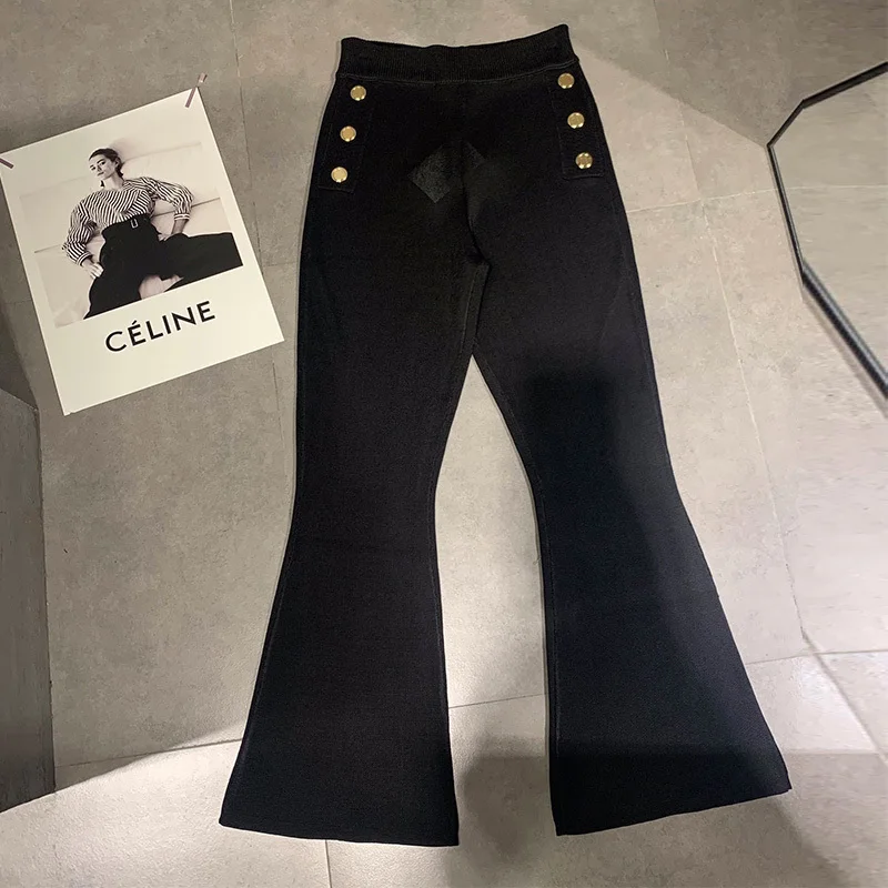

22 Spring Summer High Quality Black Double Breasted Flared Pants High Waist Gold Button Women Slim Comfortable Jeans Designer