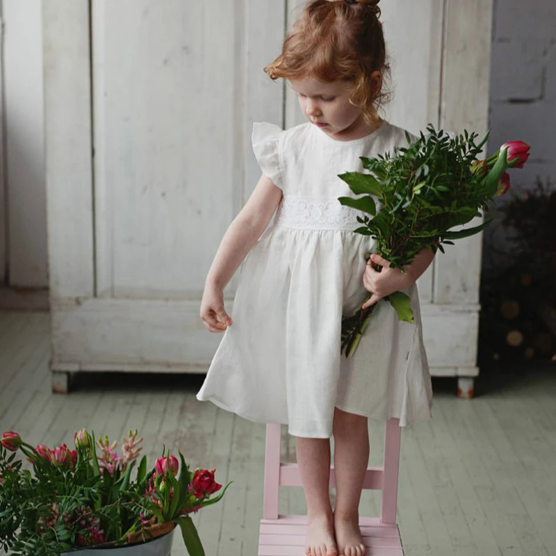 

Платья для маленьких девочек, летняя одежда для младенцев, хлопковая льняная свободная Однотонная юбка для девочек, модные повседневные Де...