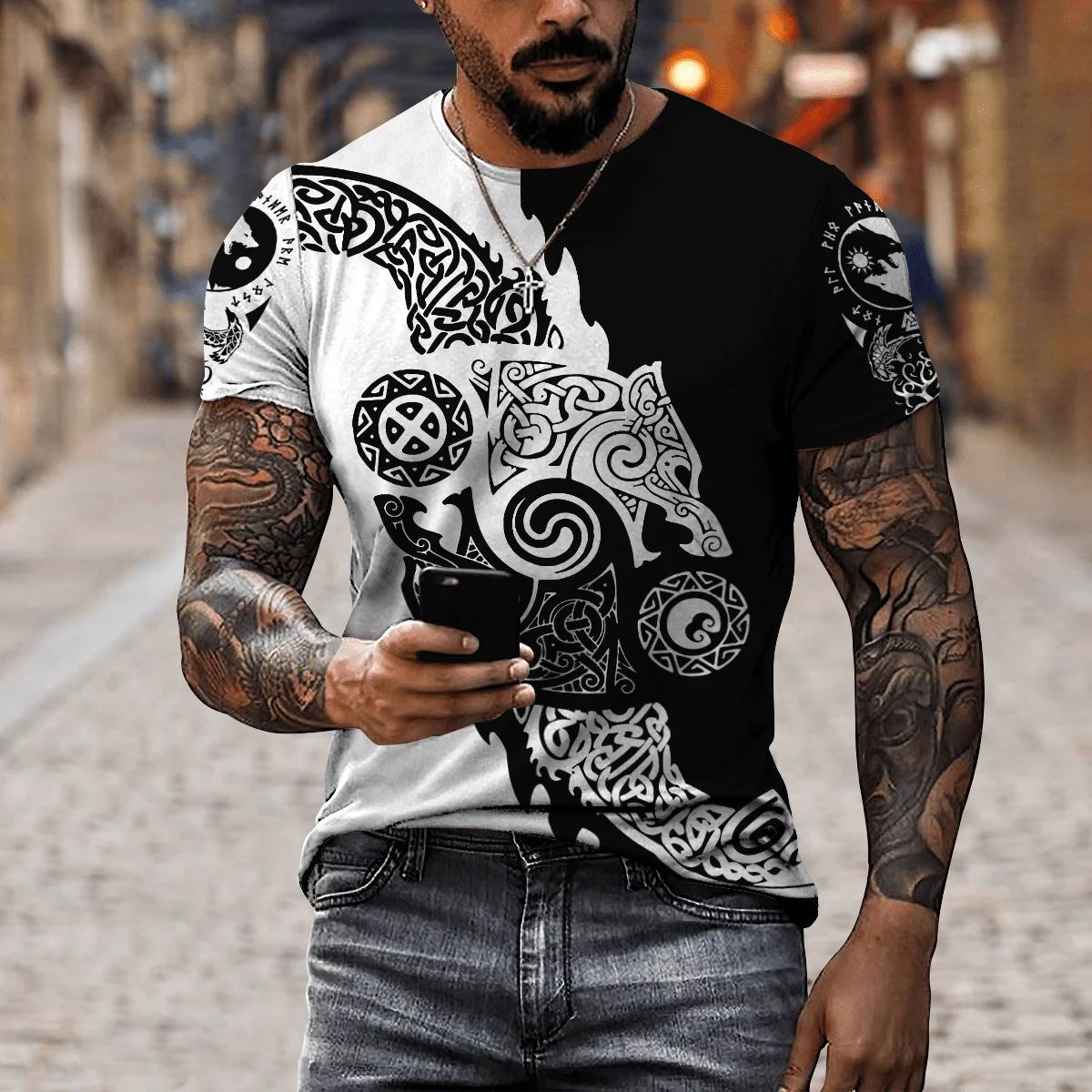 

Summer fashion men's T-shirt 3D printing crow tattoo symbol Street Sports breathable high quality top clothing