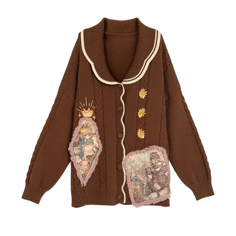 Английский стиль ретро коричневый сказочный вязаный кардиган женский