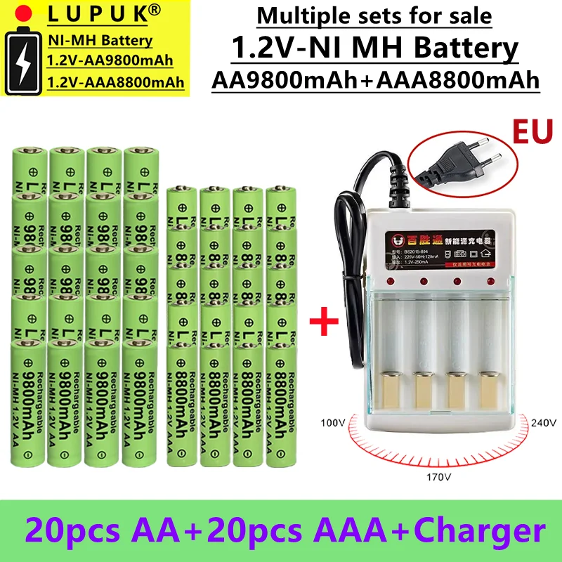 

LUPUK - New High Capacity 1.2 Volt AA Rechargeable Battery, NI MH Battery, AA9800 mAh+AAA8800 mAh, Sold with Charger Kit