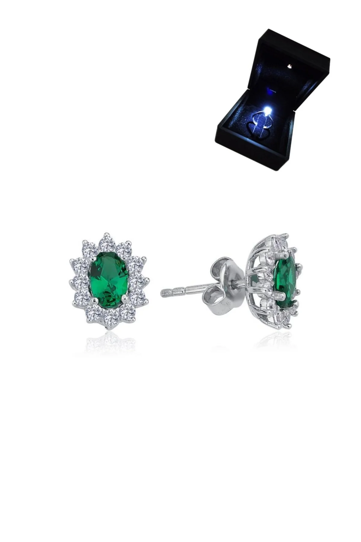 

Изумрудные серьги 0,50 карат с кристаллами, бриллиантами и цирконием, подсвеченными в коробке