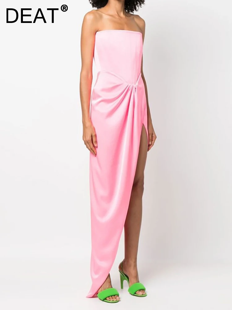 

[DEAT] Women's Evening Dress Slash Collar Sleeveless High Split Pleated Zipper Pink Fashion Dresses Spring 2023 New 13DB1228