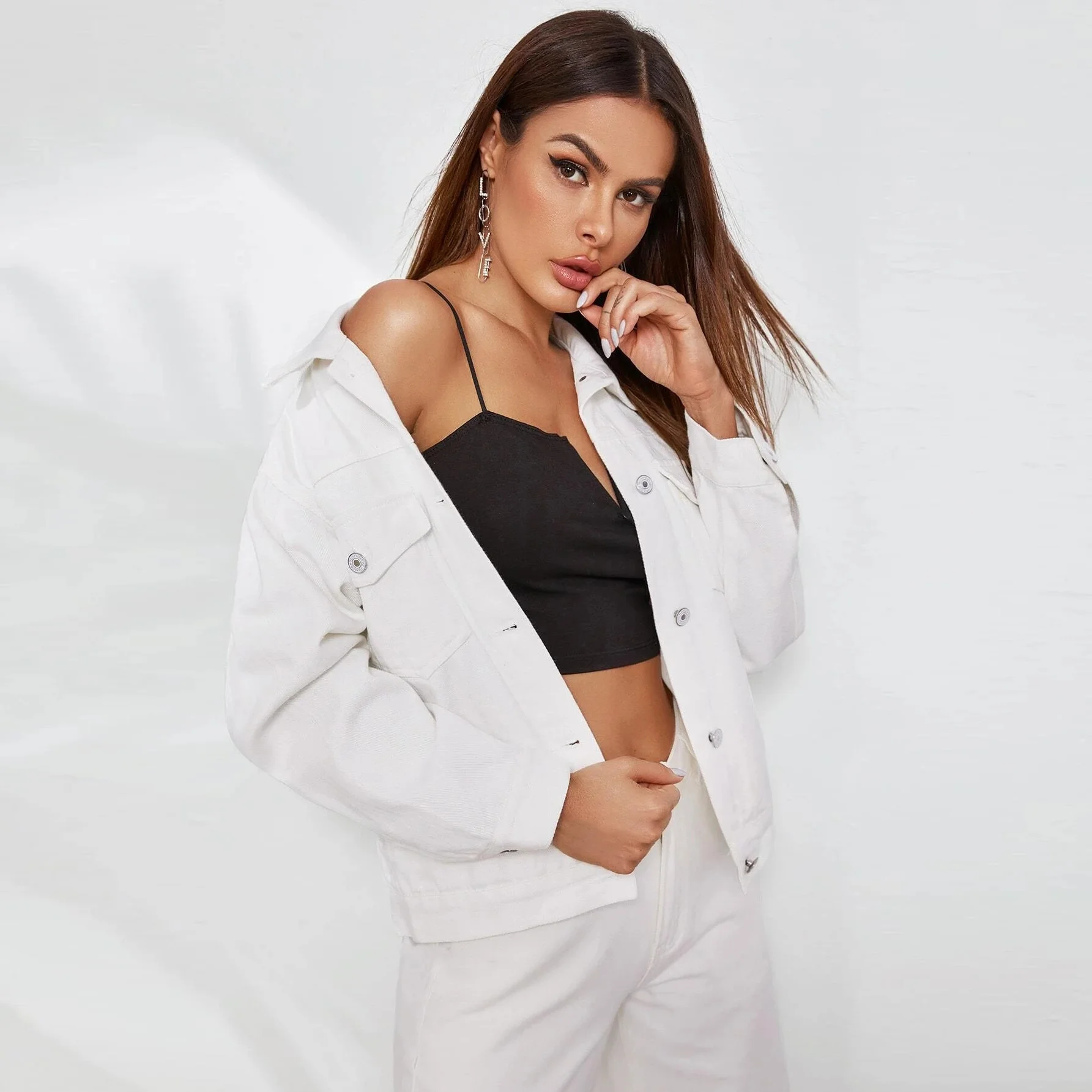 

Cowboy Coat Streetwear For Women Cotton Fashion Jeans Jacket With Long Sleeves Autumn Outwear Tops Female Clothing White