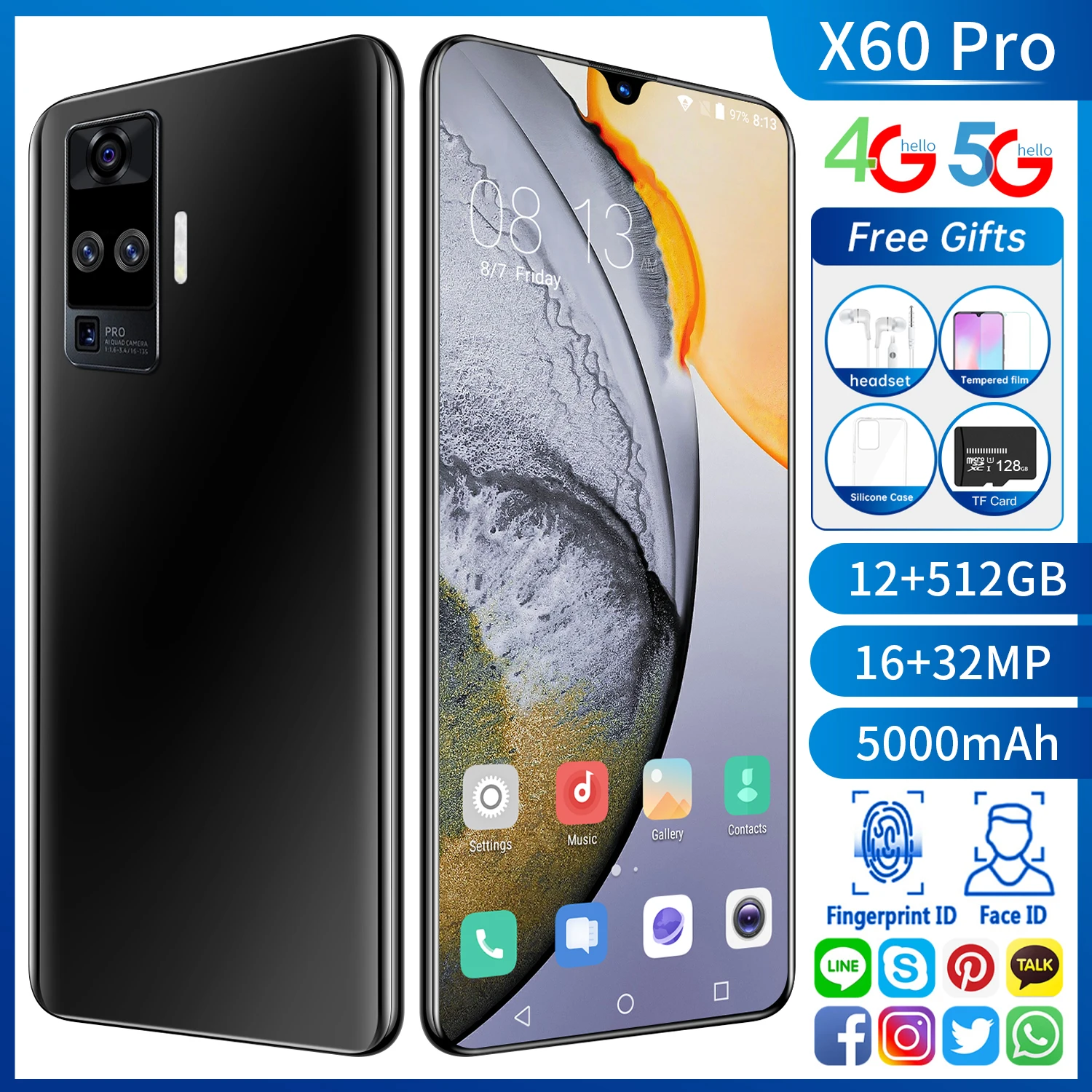 

Global Version New 6.6 Inch Drop Screen 5G Smartphone 12GB+512GB for Vivo X60 Pro Cellphone Samsung Huawei Xiaomi Mobile Phone