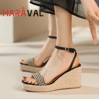 haraval lady elegant casual sandals wedges buckle lace up weave retro women summer fashion modern shoes platform female footwear