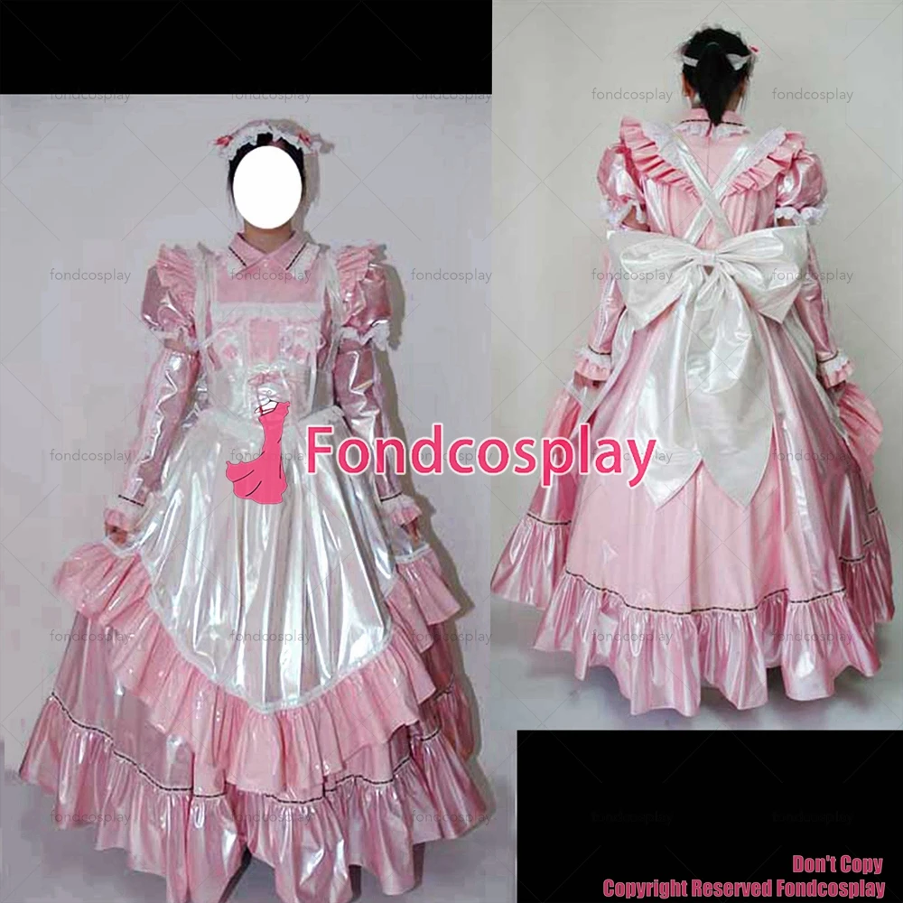 

Сексуальная одежда для взрослых с крестом fondcosplay, длинное розовое детское тонкое платье из ПВХ, Запираемая униформа, белый фартук для CD/TV[G2454]