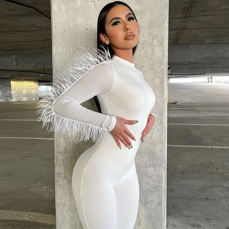 

Women Fashion Long Sleeve Bodycon Streetwear White Jumpsuits Overalls 2022 Fall Clothing One Piece Outfit Women