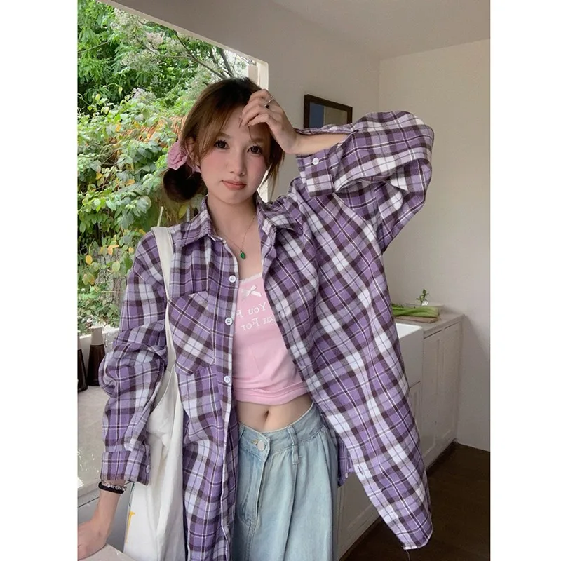 Женская клетчатая рубашка Повседневная однобортная блузка с отложным