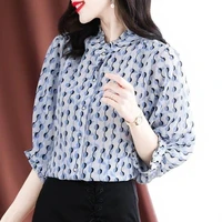 silk shirt 2022 spring and summer new style lantern sleeve design small korean style fashion chic shirt print lightweight
