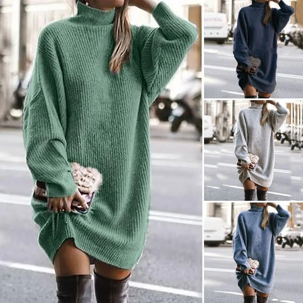 

Knitting Dress Plus Size Winter Dress Ladies Autumn Winter Solid Color Knitted Casual Midi Dress