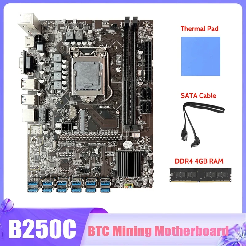 

NEW-B250C BTC Mining Motherboard+DDR4 4GB RAM+SATA Cable+Thermal Pad 12X PCIE To USB3.0 GPU Slot LGA1151 Miner Motherboard