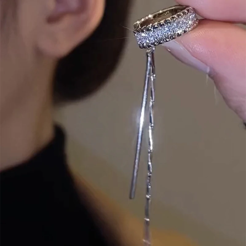 1PC Imitation Pearl Long Tassel Ear Cuff Earring Zircon C Shape Ear Clips No Piercing Earrings Beads Snake Chain Earclip Jewelry images - 6