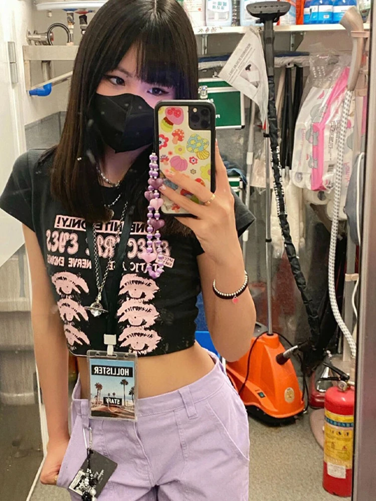 

Укороченные топы Kalevest Y2K в уличном стиле, черная винтажная одежда, женские футболки 2023, футболки с коротким рукавом, милый топ, женская одежд...