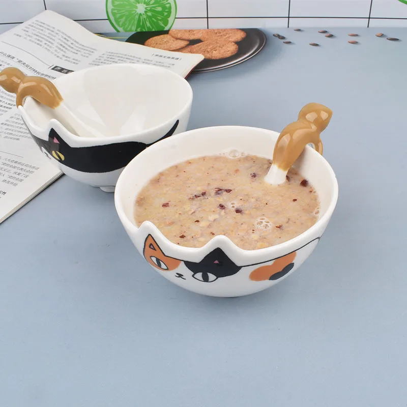 Фото Керамическая миска 4 дюйма, миска с котом из мультфильма в Корейском стиле, бытовые миски для риса, детская посуда для завтрака, товары для дома и кухни, посуда №2